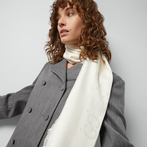 GG jacquard silk wool shawl - white