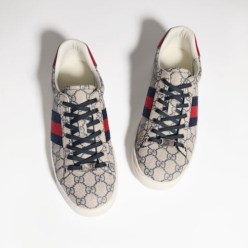 Men's Gucci Ace sneaker with Web - beige and blue GG Supreme
