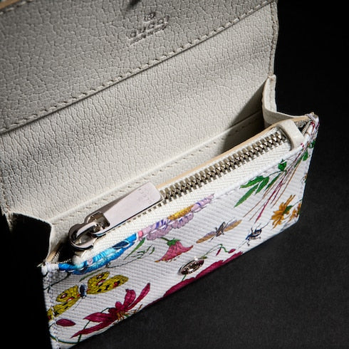 Flora-motif bi-fold card case - white and multicolor canvas