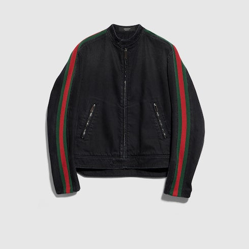 Cotton denim biker jacket with Web - black