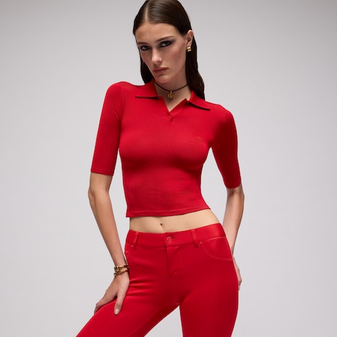 Fine stretch knit silk polo shirt - red