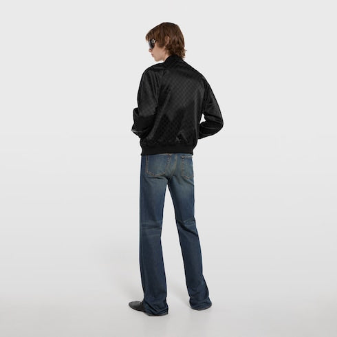 GG cotton satin zip jacket with piping - black