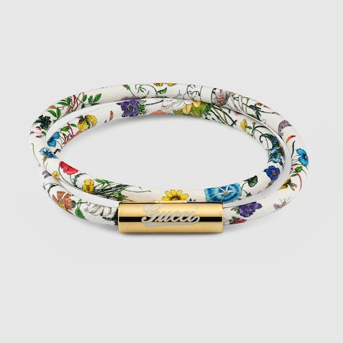 Leather double bracelet with Gucci script - white leather