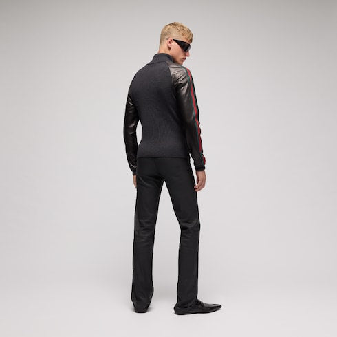 Fine rib wool zip jacket with Web - black