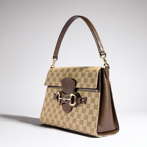 Horsebit Duomo medium top handle bag - sand and brown GG canvas