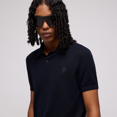 Knit cashmere polo shirt with embroidery - blue navy
