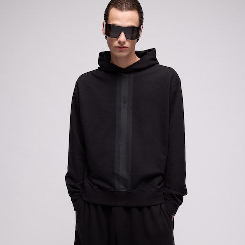 Cotton hooded sweatshirt with muted Web - black