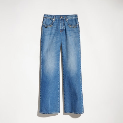 Bootcut cotton denim pants with Horsebit - blue