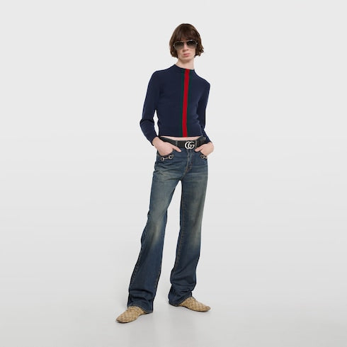 Cotton denim pants with Horsebit detail - blue