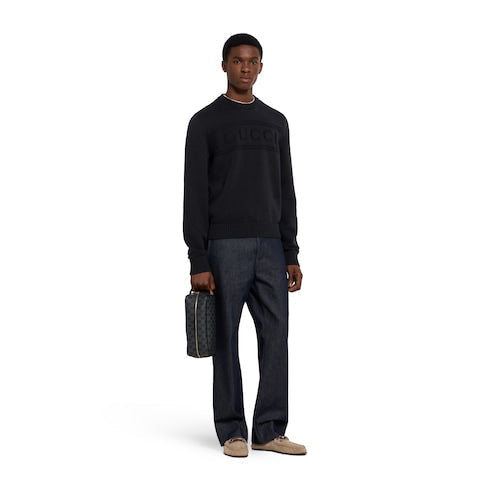 Knit cotton wool sweater with intarsia - black