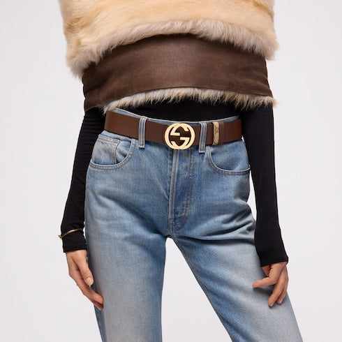 Reversible belt with Interlocking G buckle - sand GG canvas and leather