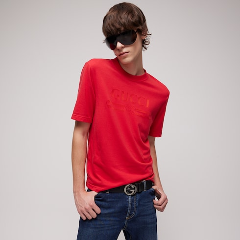 Cotton jersey T-shirt with devoré detail - red