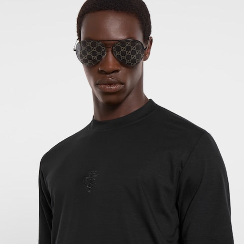 Soft rayon jersey T-shirt with embroidery - black