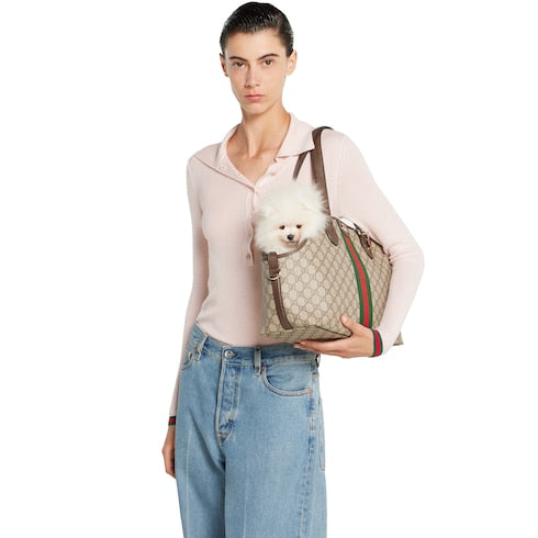 GG Monogram small pet tote bag - beige and dark brown fabric