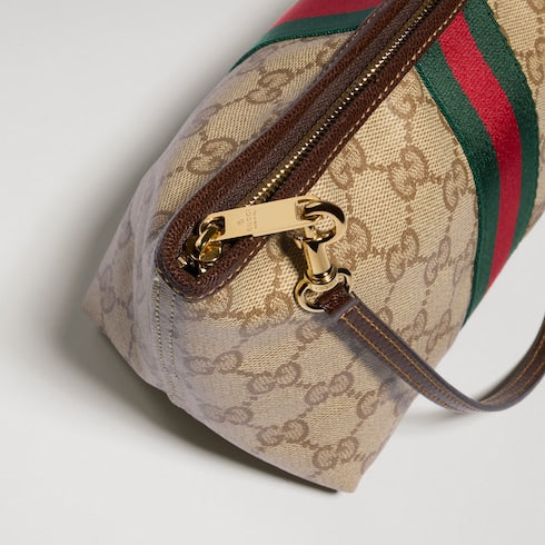 Small pouch with strap and Web - sand and brown GG canvas