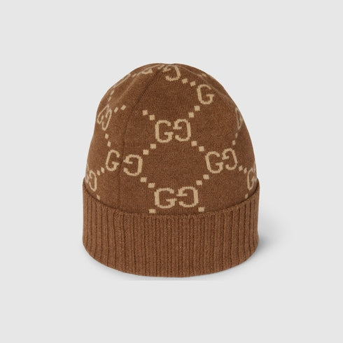 GG cashmere jacquard hat - dark brown and beige
