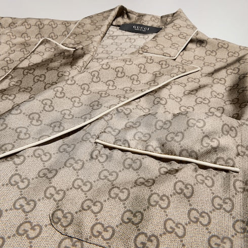 Printed silk twill shirt - beige and dark brown
