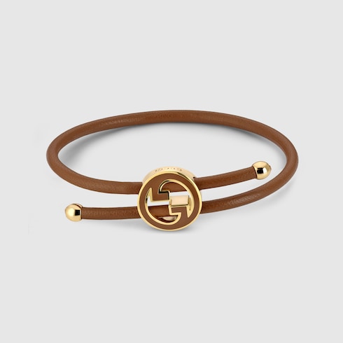 Bracelet with enamel Round Interlocking G - brown leather