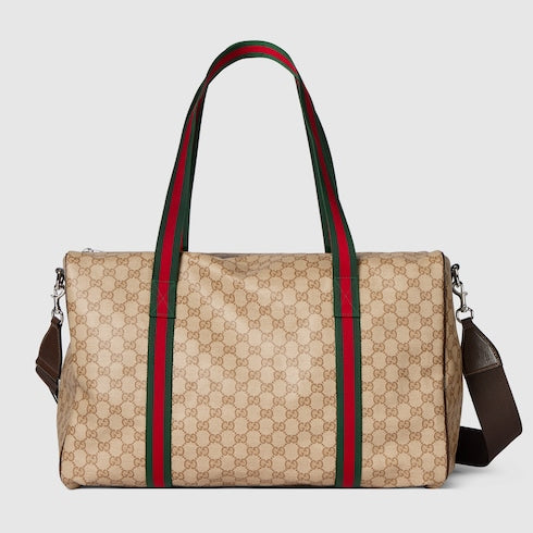 Medium duffle bag with Web - sand and brown GG canvas