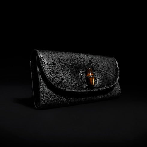 Long wallet with bamboo - black leather