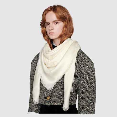 GG jacquard silk wool shawl - white