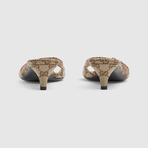Women's slide sandal with Horsebit - beige and brown GG canvas