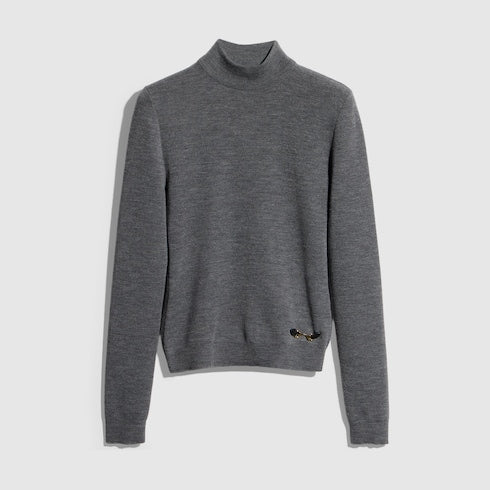 Fine rib knit wool top with Horsebit - dark brown