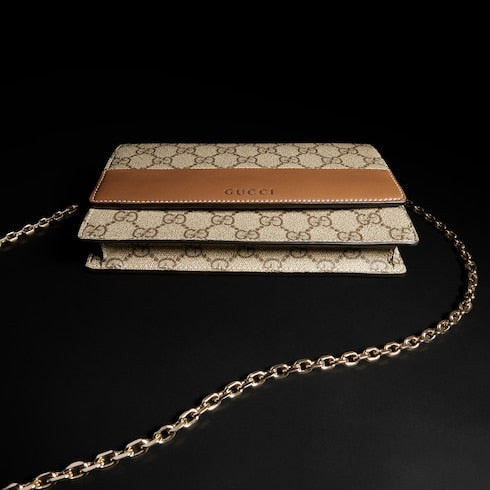 GG Emblem wallet on chain - brown leather