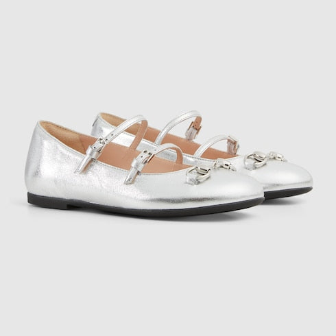 Children's ballet flat with Horsebit - silver metallic leather