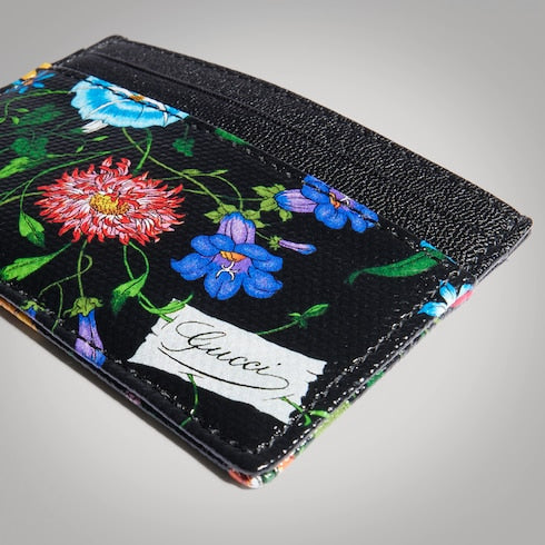 Flora-motif card case - black and multicolor canvas