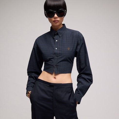 Cropped checked cotton poplin shirt - blue