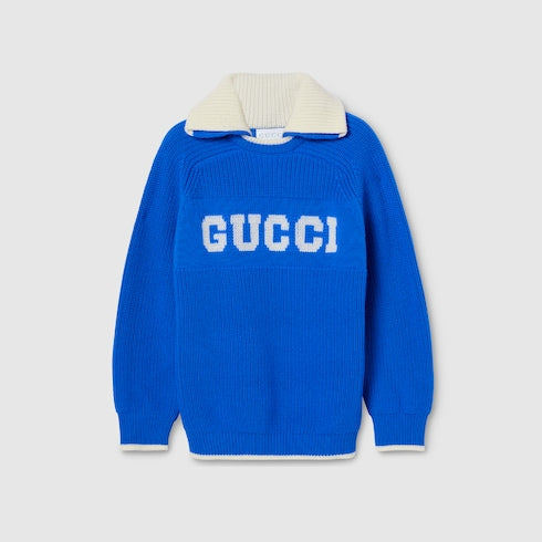 Children's wool polo sweater - blue and white