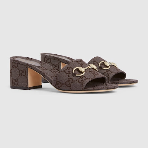 Women's slide sandal with Horsebit - dark brown GG canvas