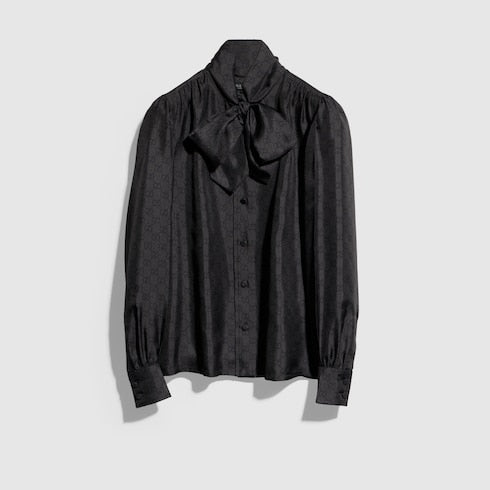 Printed silk twill shirt with bow - black