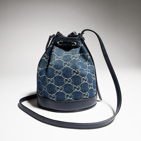 Mini bucket bag with Gucci plaque - dark blue GG denim