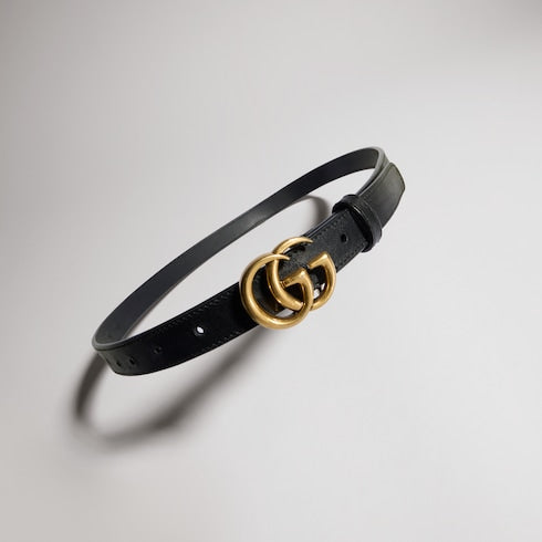 Women's Slim Black Leather Belt With GG Buckle - Women's Slim Black Leather Belt With