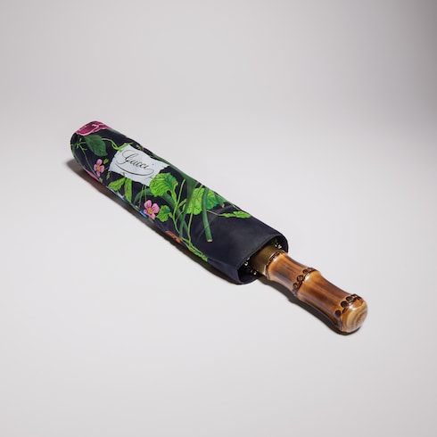 Nylon foldable umbrella with Gucci Flora print - black and multicolor