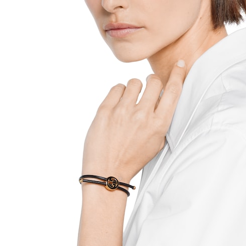 Bracelet with enamel Round Interlocking G - black leather