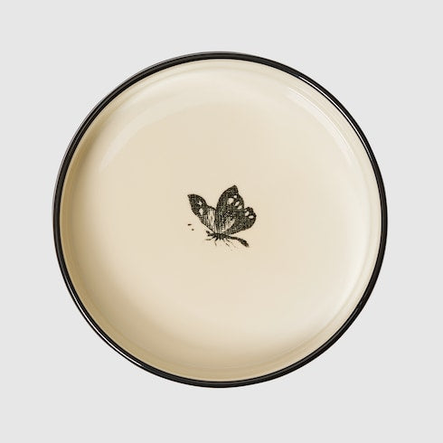 Large Herbarium print pet bowl - black and beige porcelain
