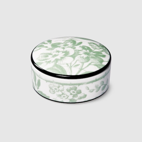 Herbarium print small trinket box - white and green porcelain
