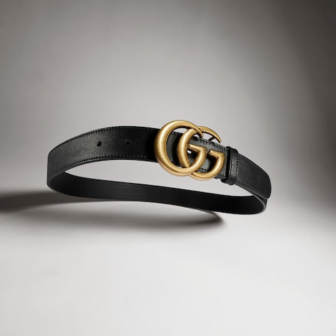 Men's Slim Black Leather Belt With Gold Double G Buckle