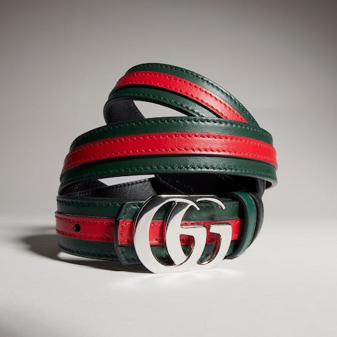 Reversible thin belt with Double G buckle - green, red and black leather