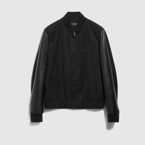 Fabric bomber jacket with nappa sleeves - black