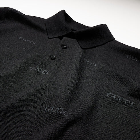 Wool silk Gucci jacquard polo shirt - black