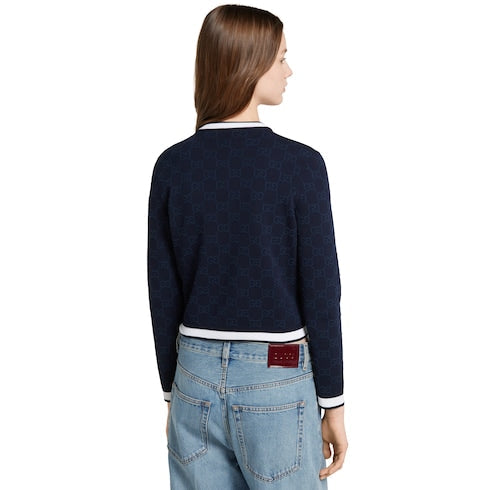 GG fine cotton jacquard cardigan - navy and white