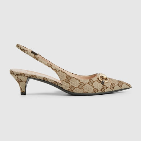 Women's slingback pump with Horsebit - beige and ebony canvas