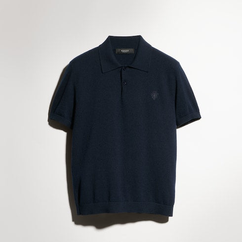 Knit cashmere polo shirt with embroidery - blue navy