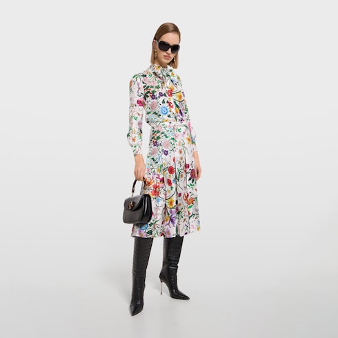 Printed silk twill shirt with bow - multicolor