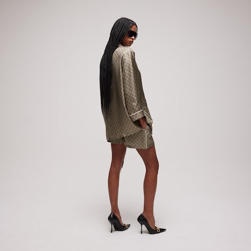 Printed silk twill shirt - beige and dark brown