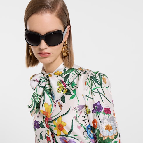 Printed silk twill shirt with bow - multicolor